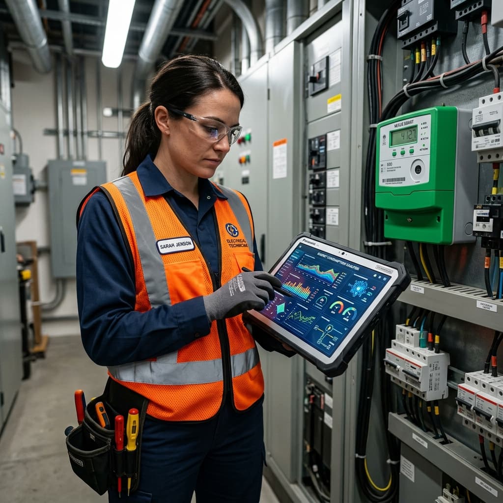 Technicien Enedis avec tablette devant compteur Linky