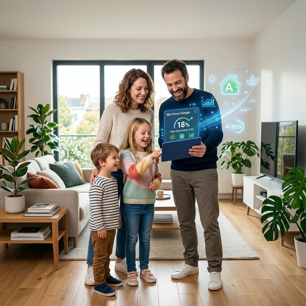 Famille française regardant ses économies d'énergie sur tablette