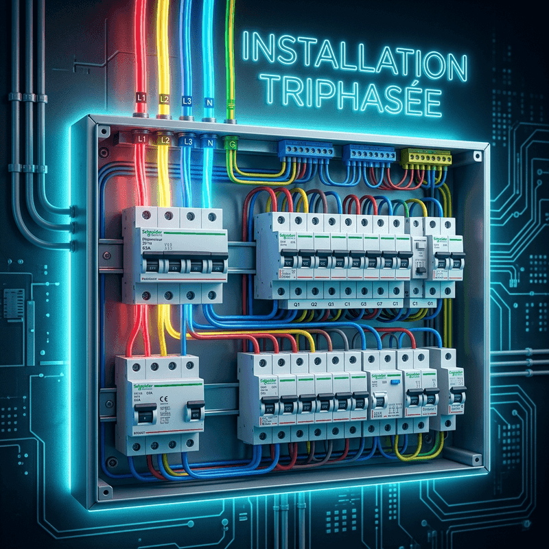 Schéma et illustration technique d'un tableau électrique câblé pour le courant triphasé
