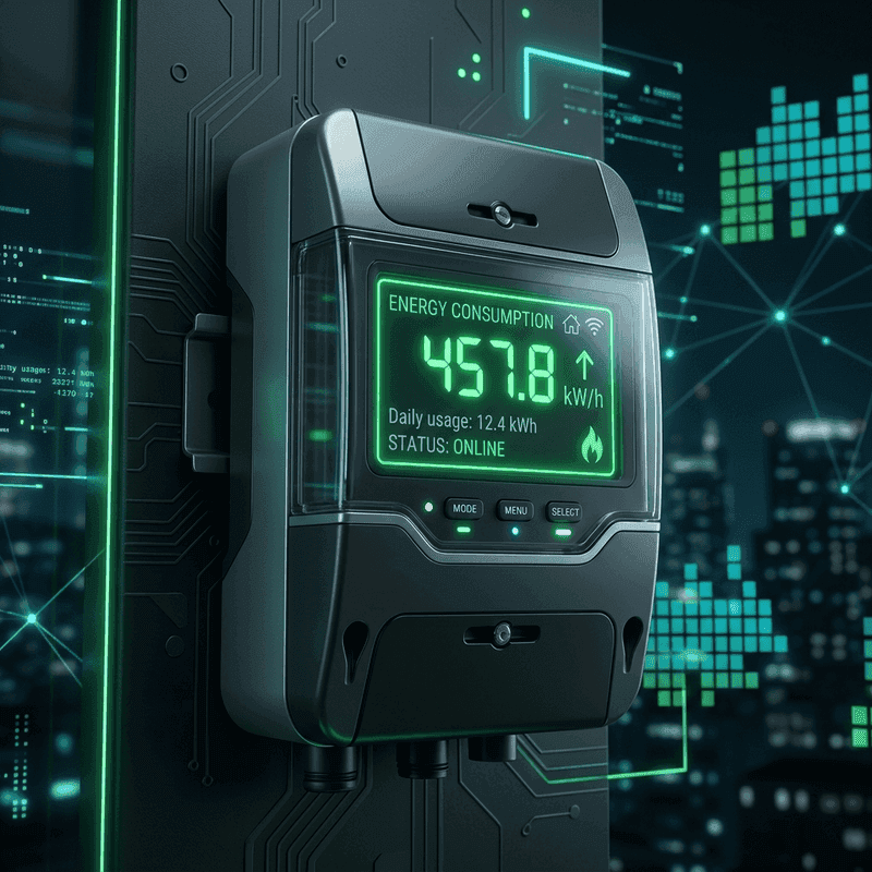 Gros plan sur l'écran digital et le bouton de défilement d'un compteur communicant Enedis.